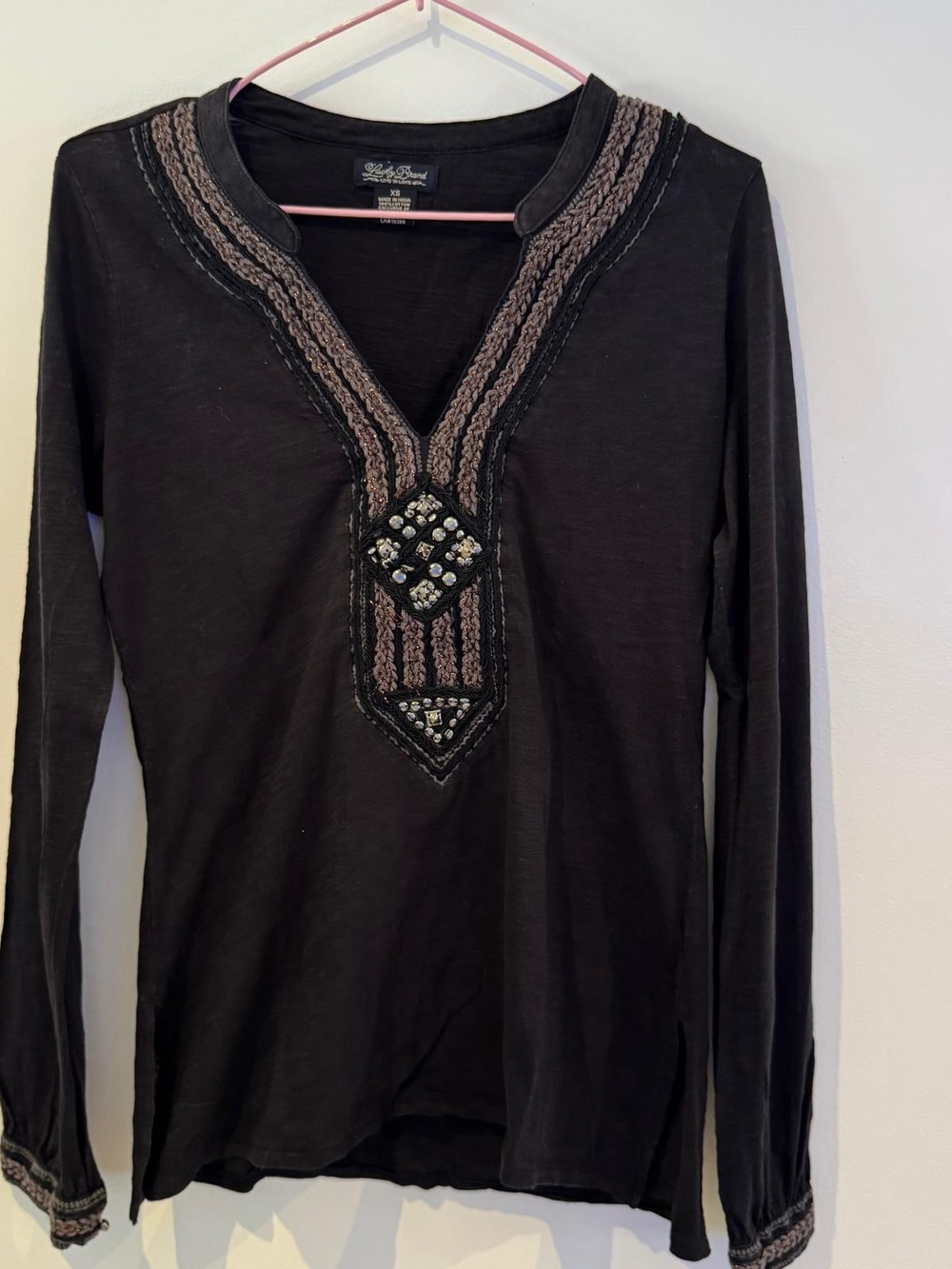 Lucky Brand Black Embroidered Metallic Stud Bib Tunic Top XS